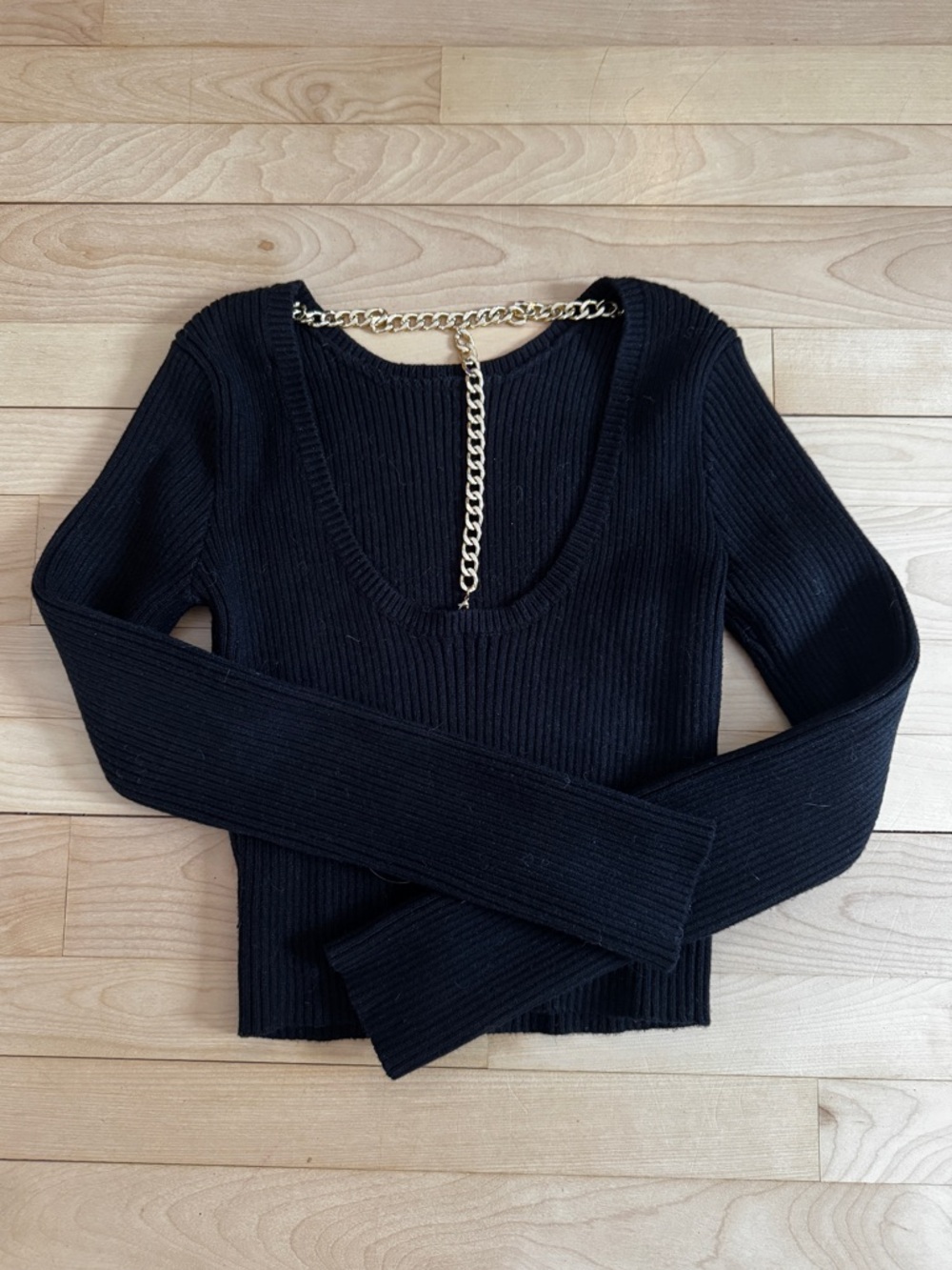 ASTR The Label Black Ribbed Chain Back Crop Sweater Top Size M